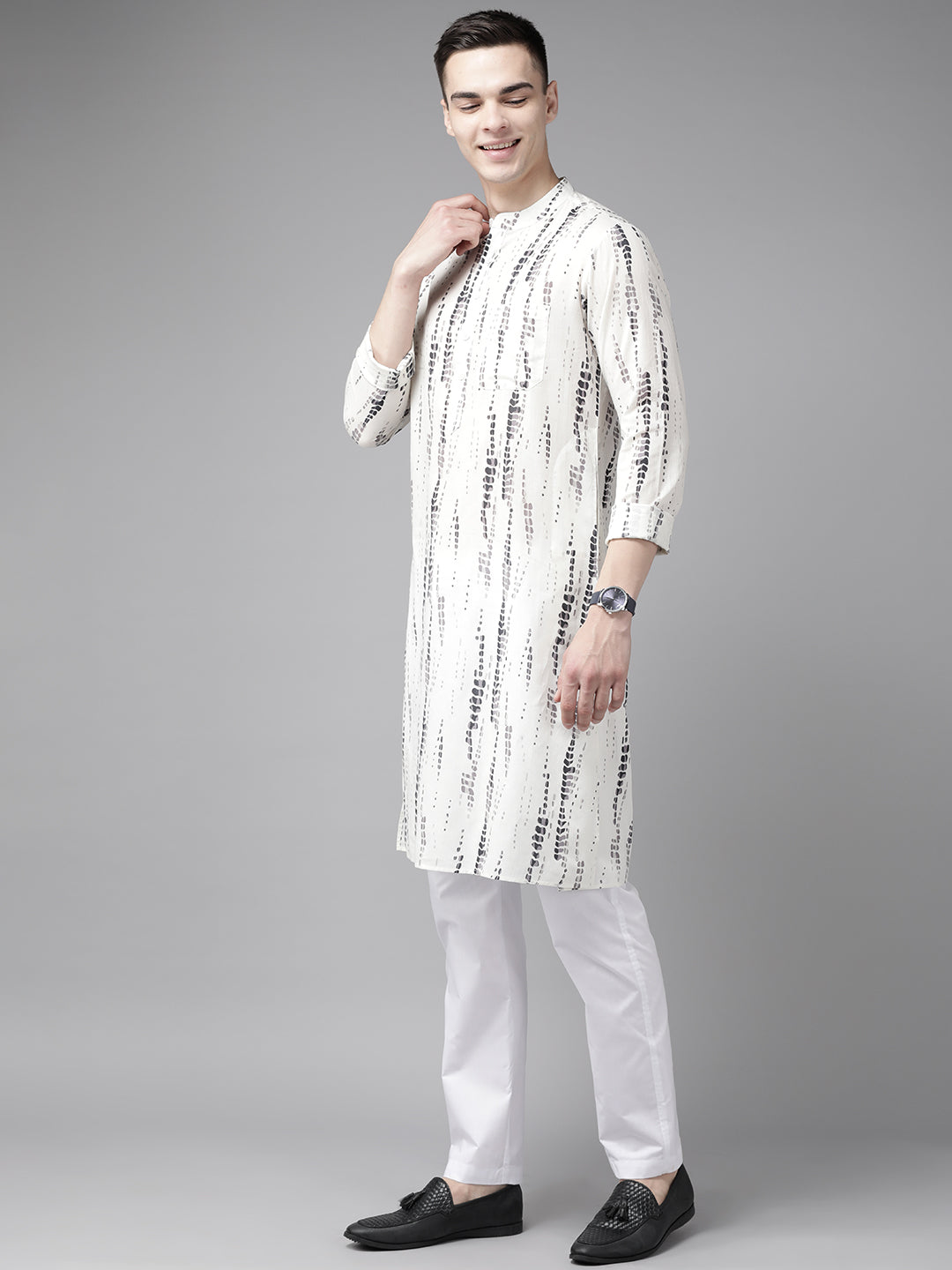 Men White Multi Tie and dye Print Design Straight Kurta With Pajama