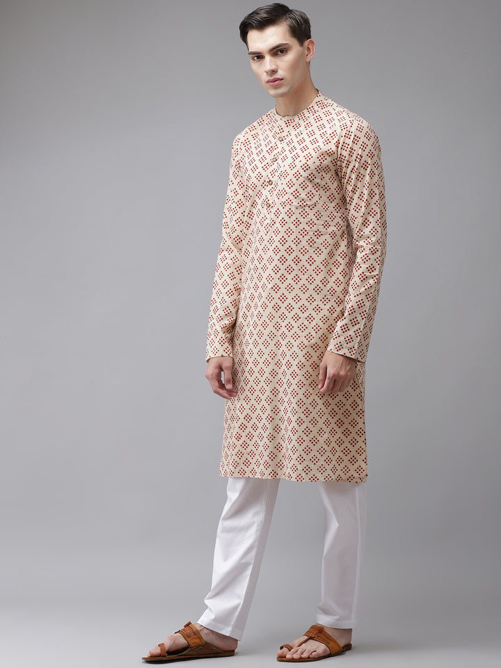 Men Beige And Maroon Hand Block Print Sustainable Straight Kurta