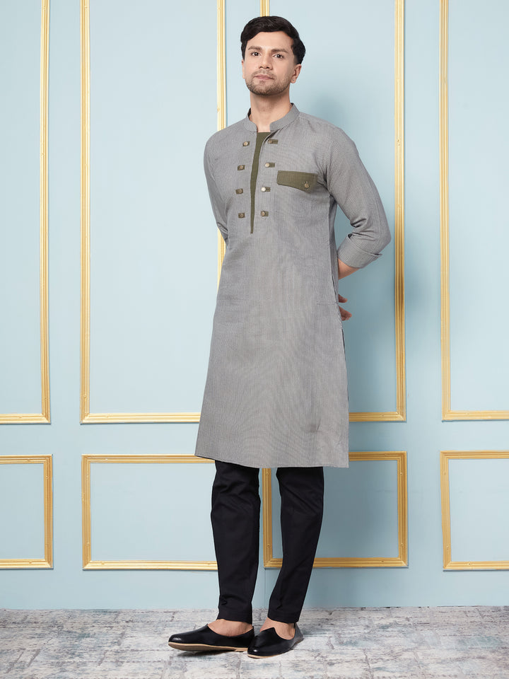 Grey Woven Straight Kurta With Pyjama