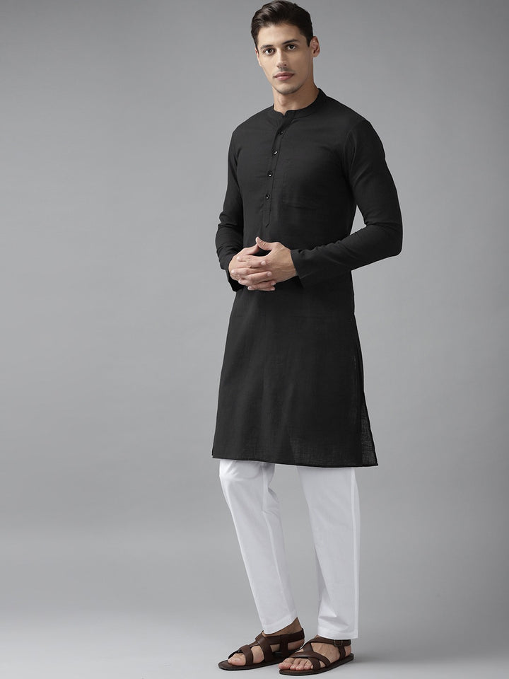 Men Black Cotton Slub Straight Kurta with Pyjama