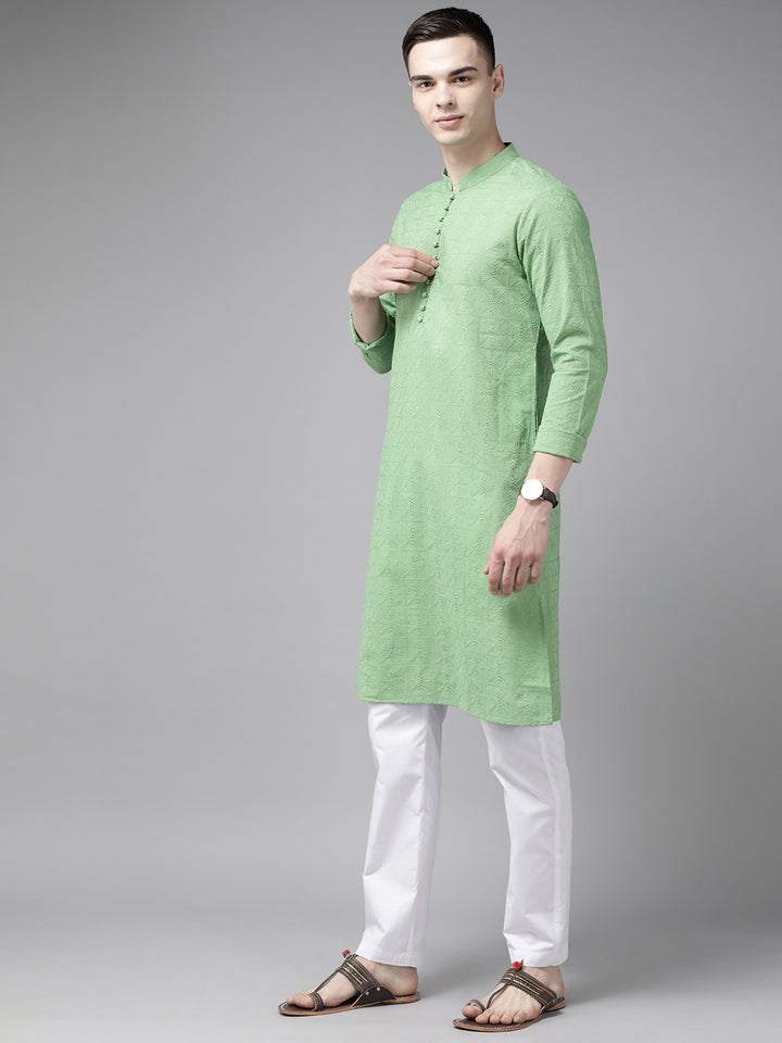 Men Green Pure Cotton Chikankari Embroidered Straight Kurta
