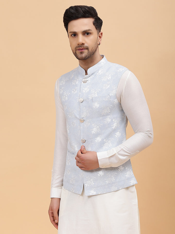 Pure Silk Kurta & Pyjama with Woven Jacquard Nehru Jacket