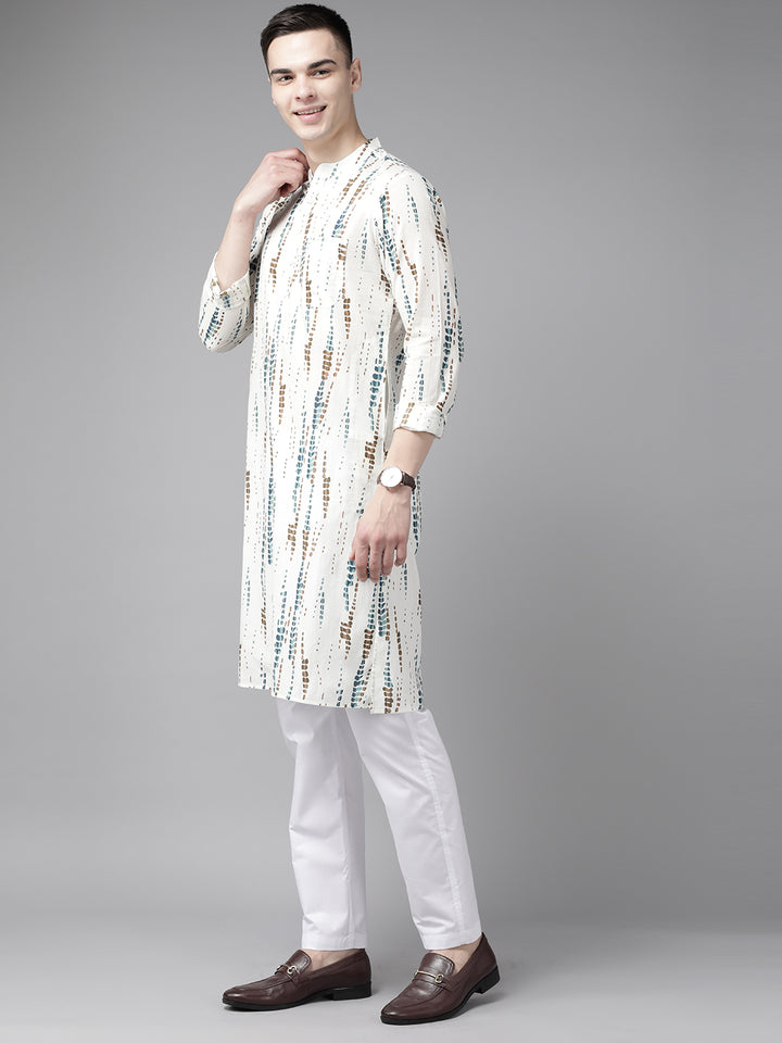 Men White Multi Tie and dye Print Design Straight Kurta