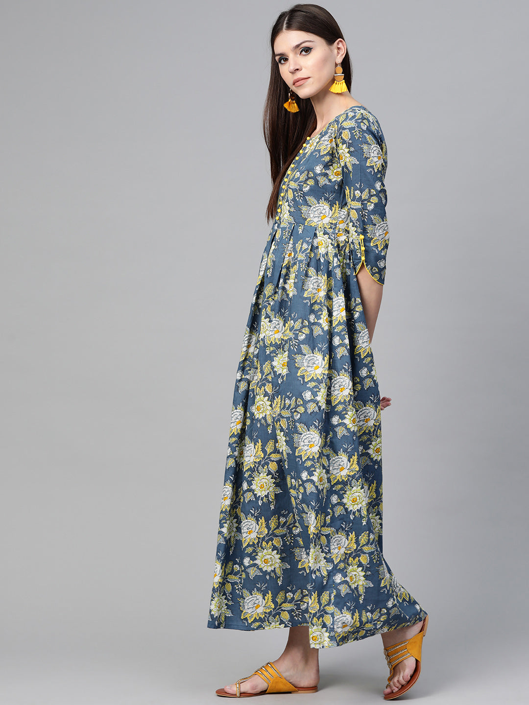 Blue & Yellow Floral Printed Maxi Dress
