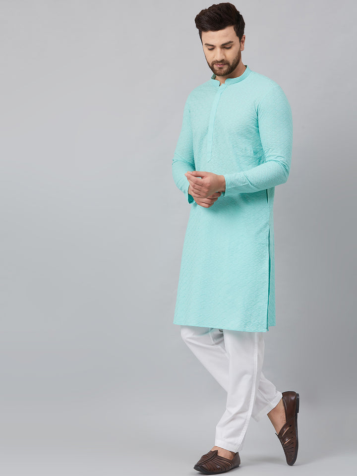 Lime Green Chikankari Embroidered Woven Design Straight Kurta With Pyjama