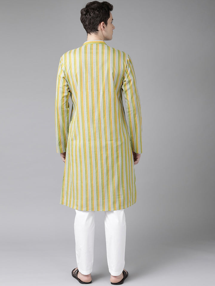 Men Yellow And White Printed Straight Kurta With Pyjama