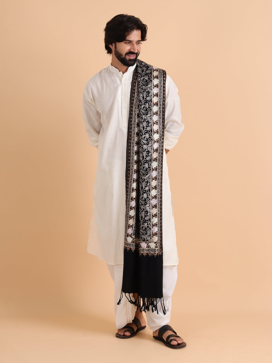 Tweedle Men's Acro Wool Kashmiri Embroidery Stole, Black, Size - 28 x 80 inches