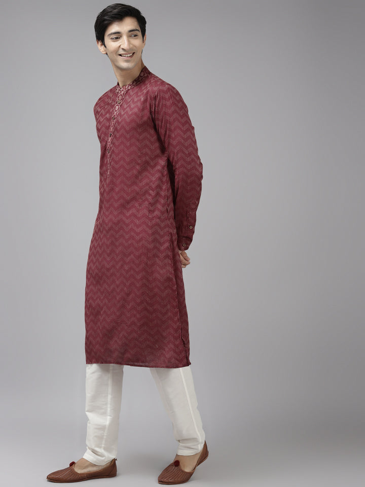 Men Burgundy & Beige Woven Design Thread Work Kurta With Pyjama
