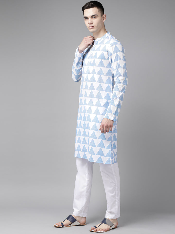 Men White & Blue Stripe Printed Straight Kurta