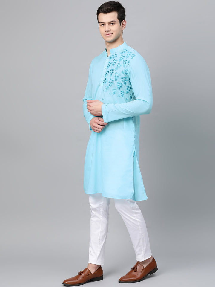 Turquoise Blue Embroidered Straight Kurta With Pyjama