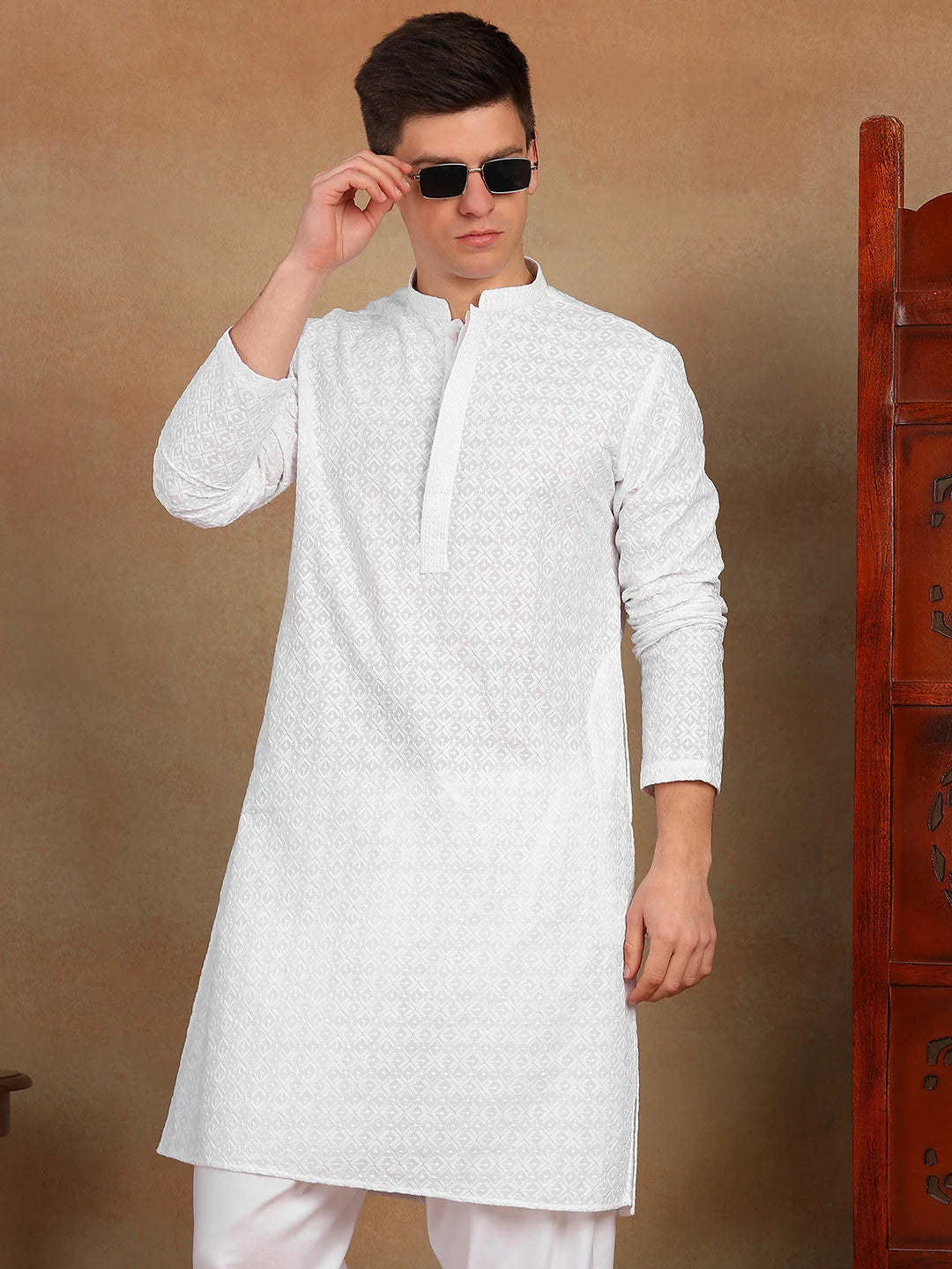 Men White Chikankari Embroidered Straight Kurta with Salwar