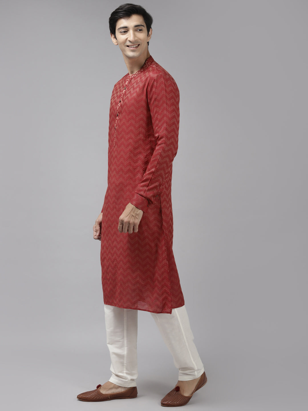 Men Maroon & Beige Woven Design Thread Work Kurta With Pyjama