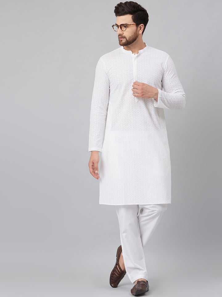 White Green Chikankari Embroidered Woven Design Straight Kurta With Pyjama