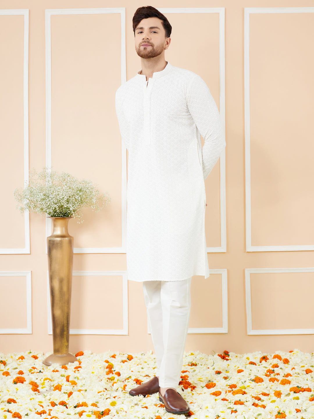 White Sequins Embroidered Rayon Kurta