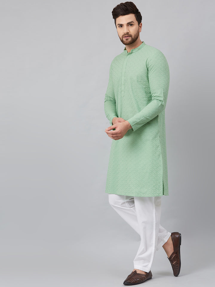 Men Green Chikankari Embroidered Woven Design Straight Kurta
