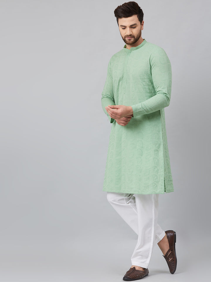 Men Green Chikankari Embroidered Woven Design Straight Kurta