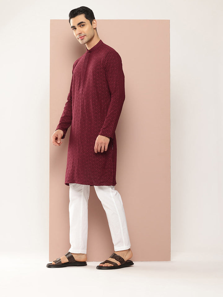 Men's Maroon Embroidered Chikankari Rayon Straight Kurta