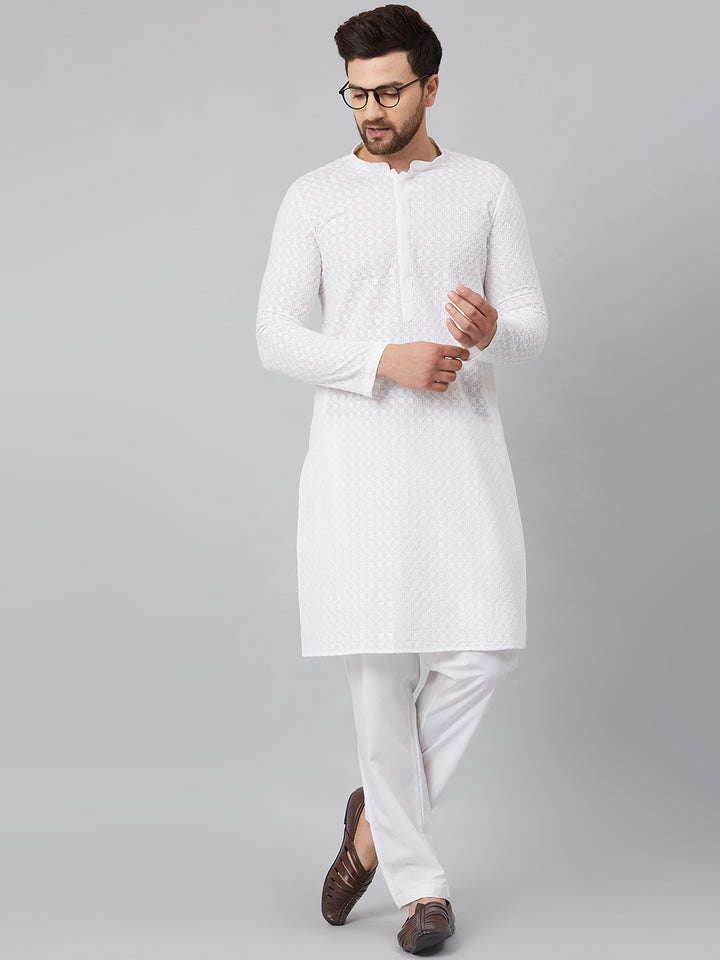 Men White Chikankari Embroidered Woven Design Straight Kurta