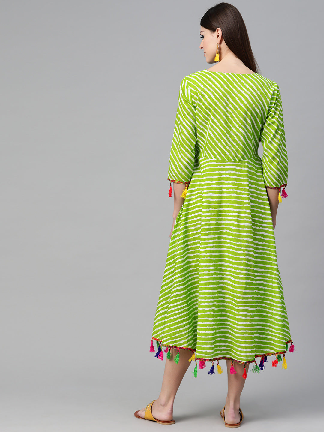 Green & White Leheriya Printed Flared Dress