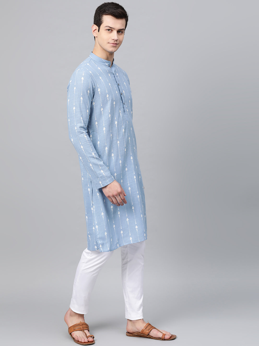 Blue Printed Straight Kurta With Pyjama