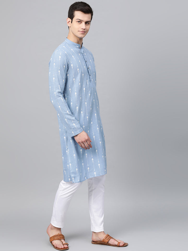 Blue Printed Straight Kurta With Pyjama