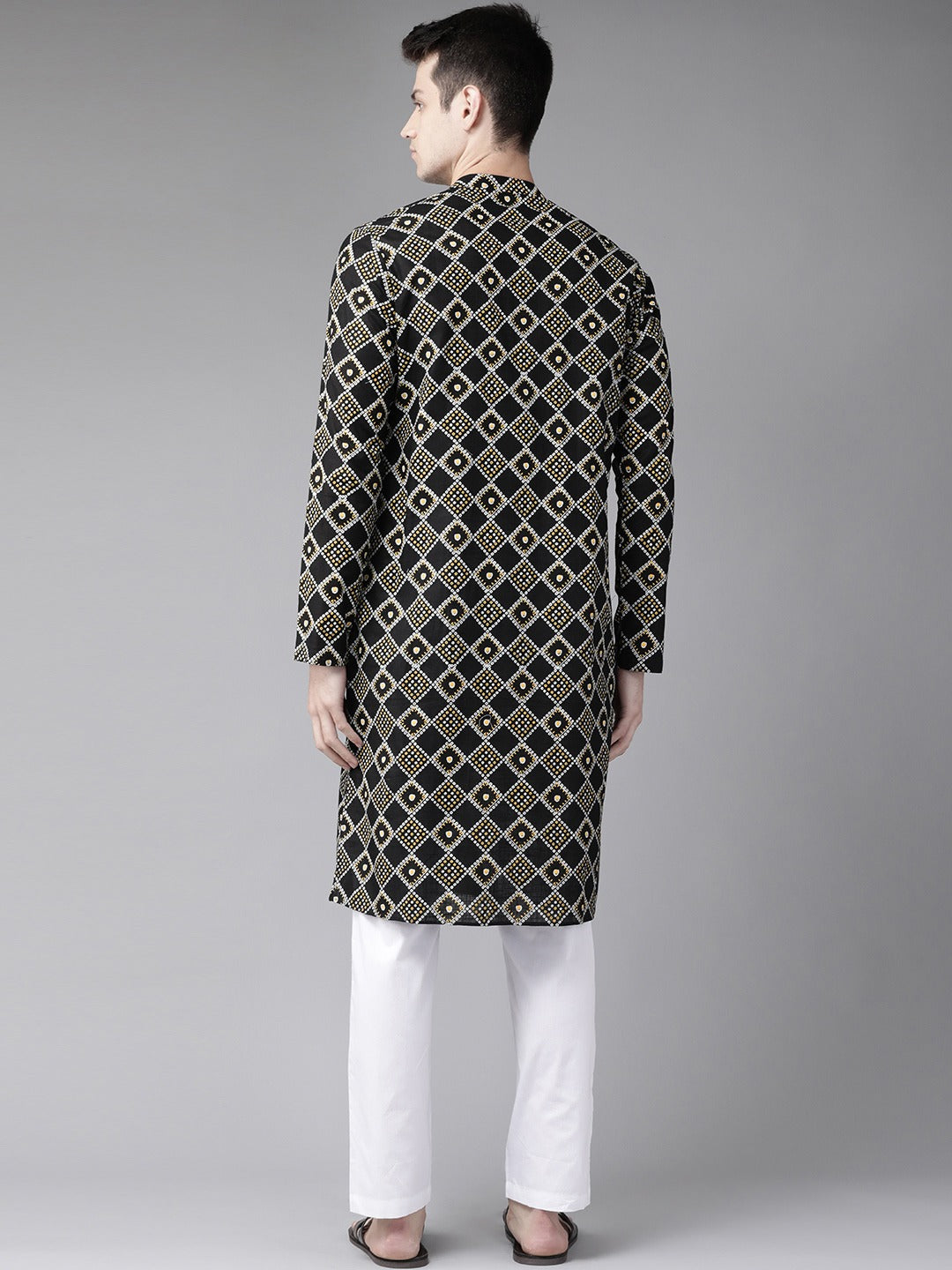 Men Black And Gold Printed Straight Kurta