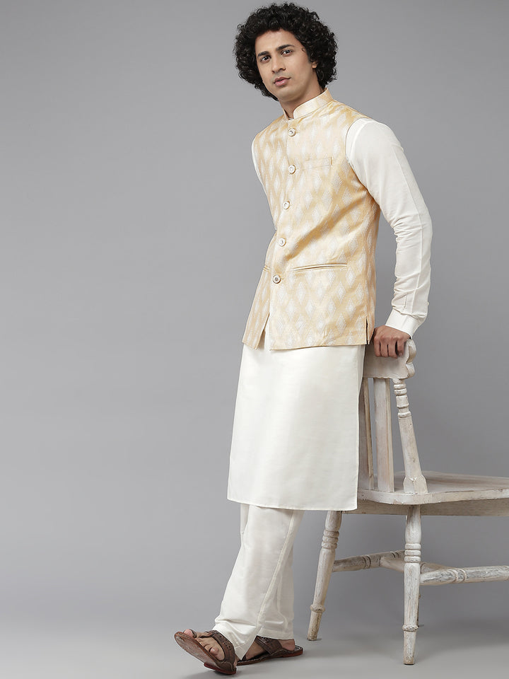 Men Gold & White Woven Jacquard Nehru jacket