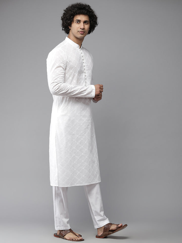 Men White Chikankari Embroidered Straight Kurta With Pyjama