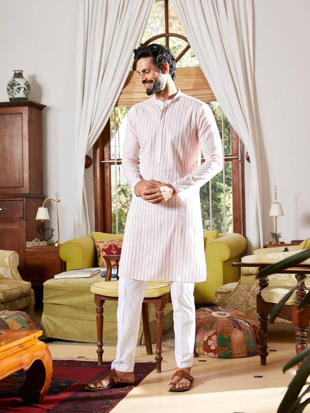 Thread & Sequin Worked Pure Cotton Straight Kurta with Pyjama