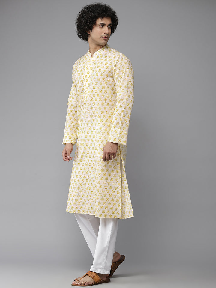 Men Yellow And White Floral Printed Kurta With Pyjama