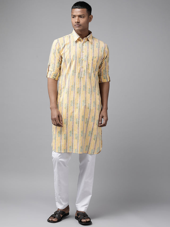 Yellow and Brown Pure Cotton Pathani kurta
