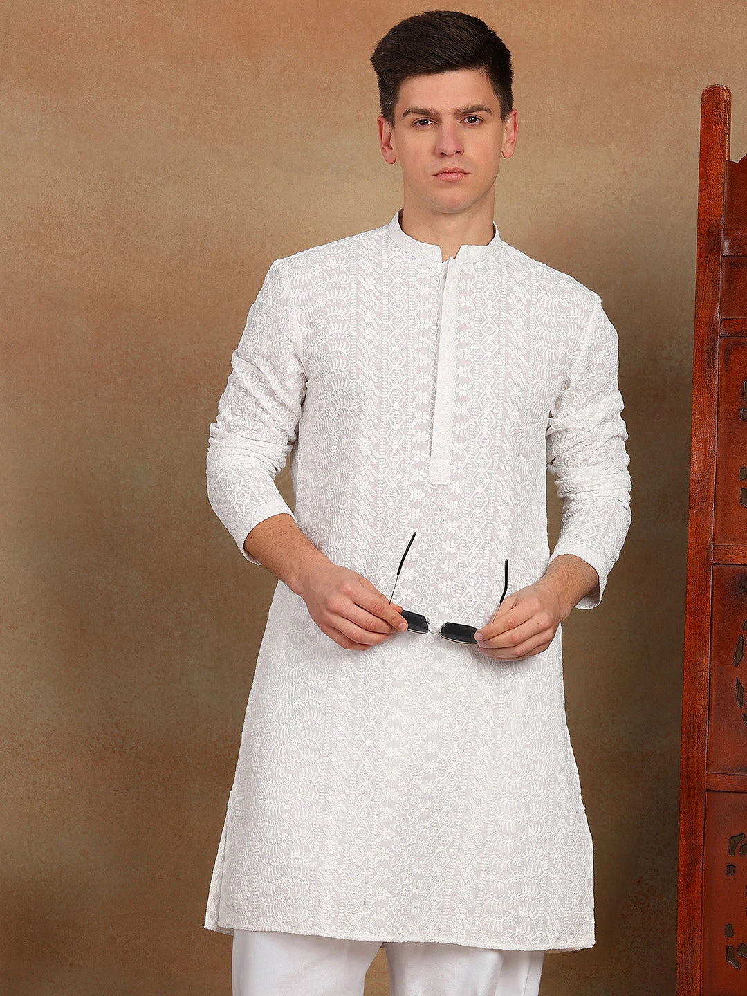 White Chikankari Embroidered Straight Kurta Paired with Salwar