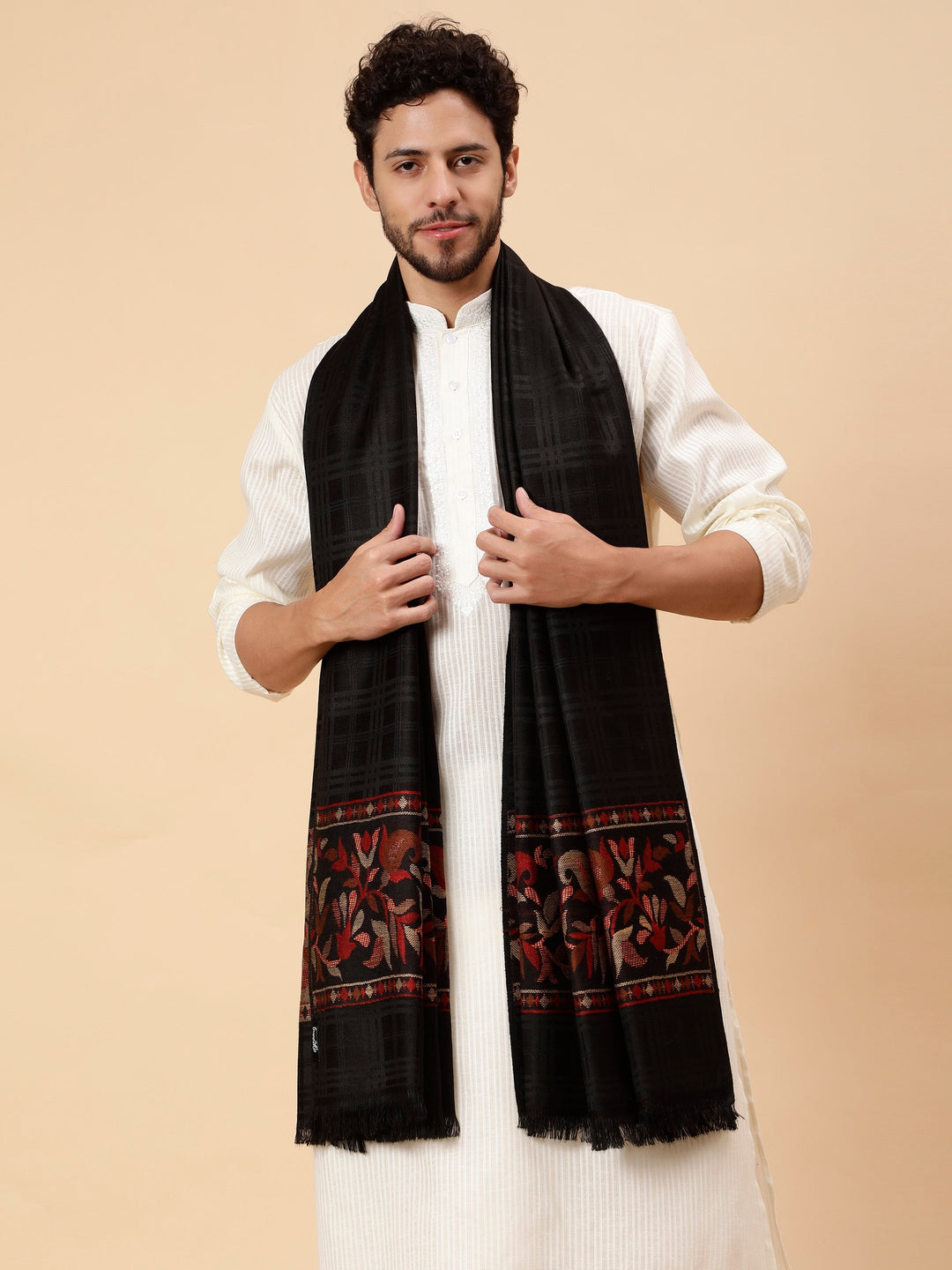 Tweedle Men’s Reversible Shawl / Stole, Wool Blend, Ethnic Kashmiri Design Scarf  – Black