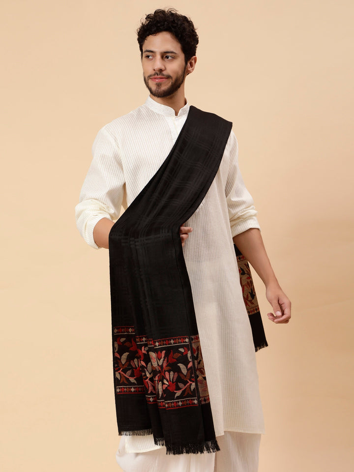 Tweedle Men’s Reversible Shawl / Stole, Wool Blend, Ethnic Kashmiri Design Scarf  – Black