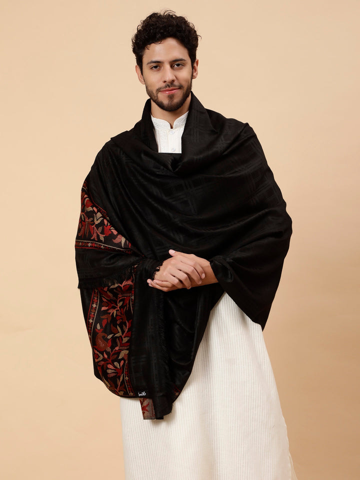 Tweedle Men’s Reversible Shawl / Stole, Wool Blend, Ethnic Kashmiri Design Scarf  – Black