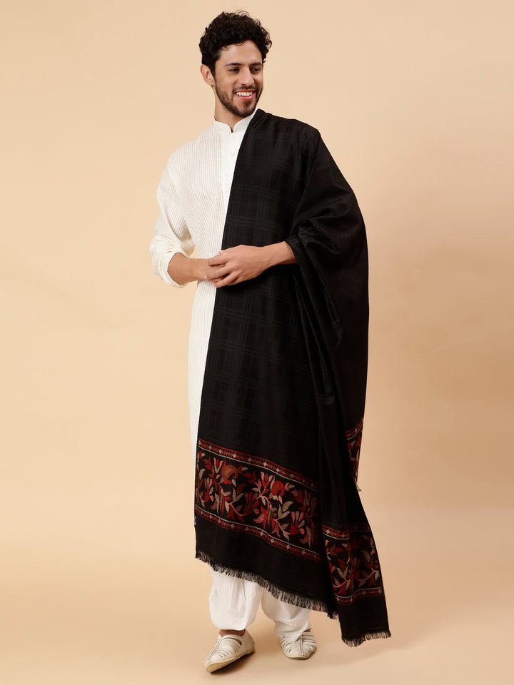 Tweedle Men’s Reversible Shawl / Stole, Wool Blend, Ethnic Kashmiri Design Scarf  – Black