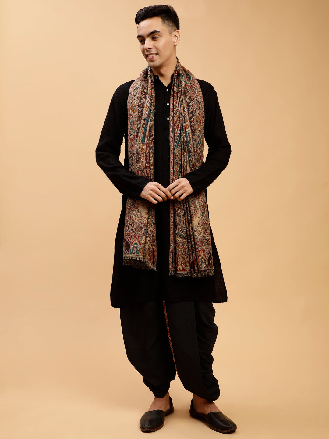 Tweedle Traditional Kashmiri Shawl/ Stole for Men, Wool Blend, Paisley Pattern – Black