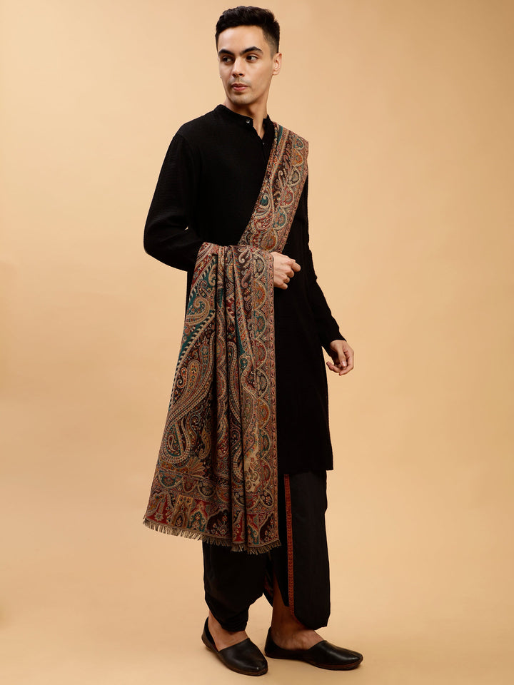 Tweedle Traditional Kashmiri Shawl/ Stole for Men, Wool Blend, Paisley Pattern – Black