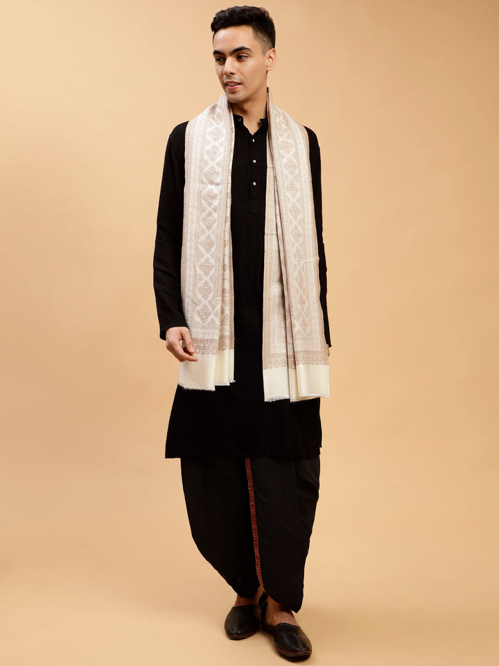 Tweedle Reversible Barfi Design White Shawl for Men- Size - 40 x 80 inches