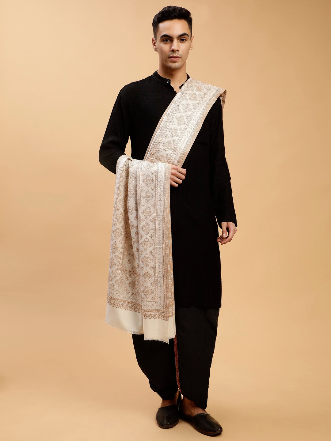 Tweedle Reversible Barfi Design White Shawl for Men- Size - 40 x 80 inches