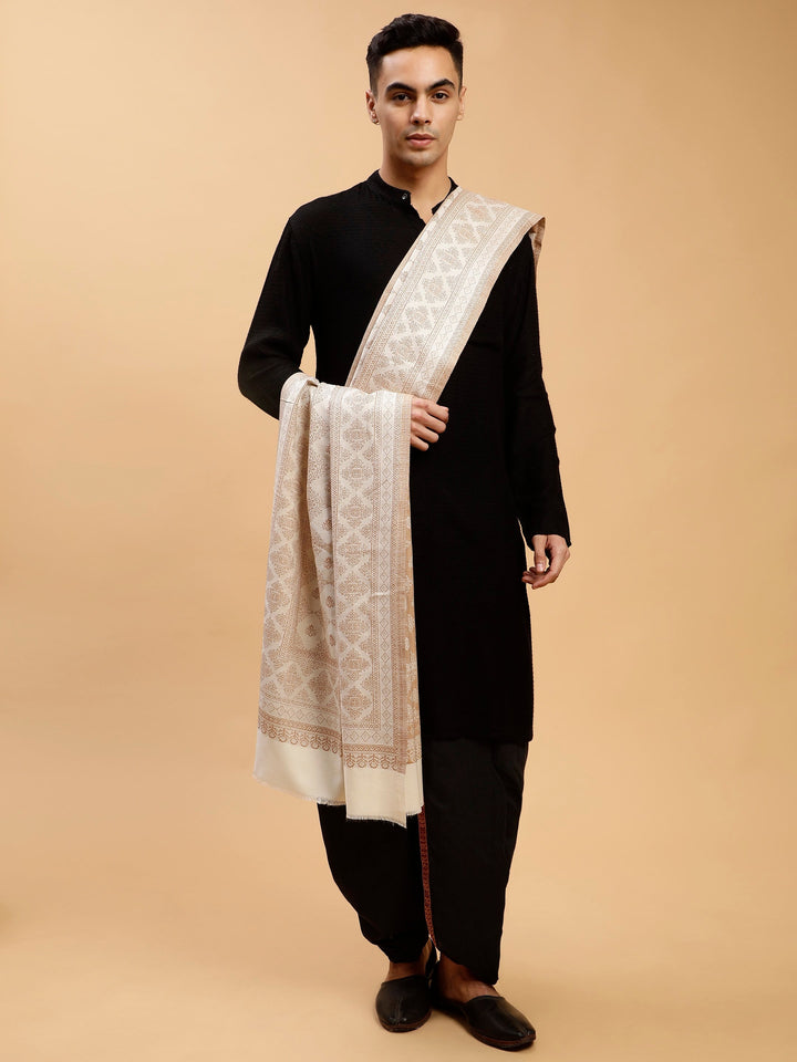 Tweedle Reversible Barfi Design White Shawl for Men- Size - 40 x 80 inches