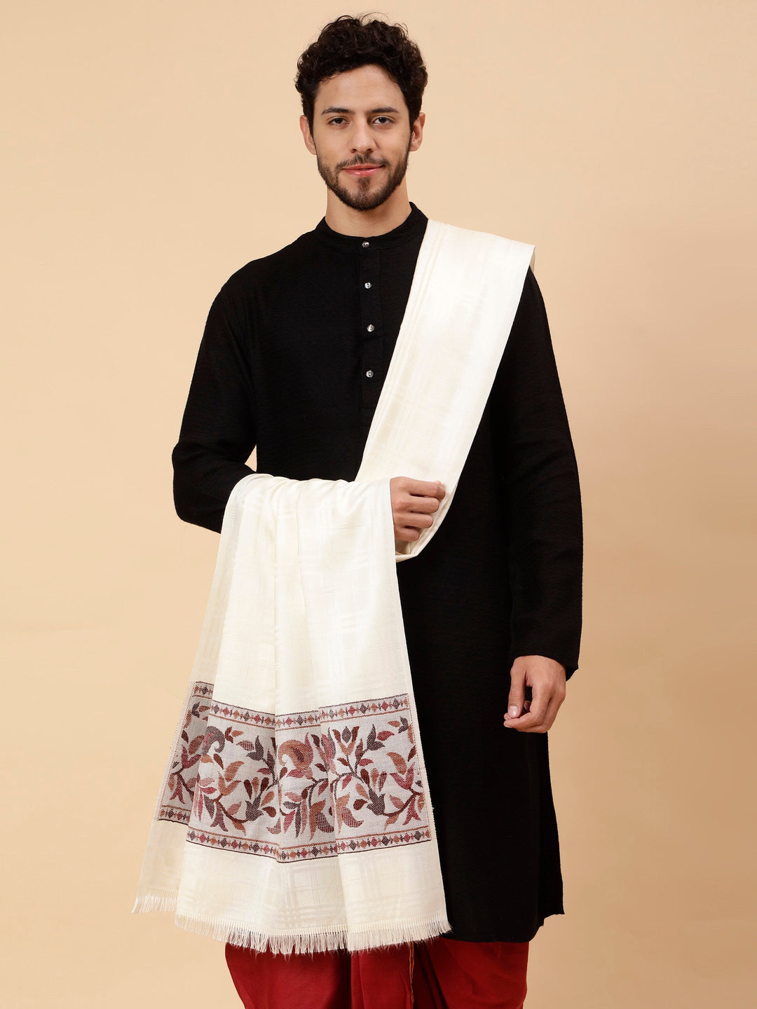 Tweedle Men’s Reversible Shawl / Stole, Wool Blend, Ethnic Kashmiri Design Scarf  – White
