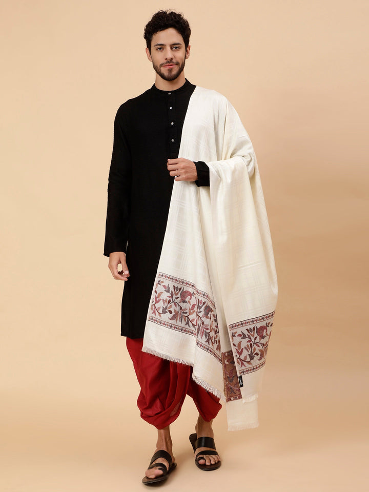 Tweedle Men’s Reversible Shawl / Stole, Wool Blend, Ethnic Kashmiri Design Scarf  – White