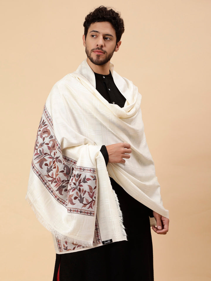 Tweedle Men’s Reversible Shawl / Stole, Wool Blend, Ethnic Kashmiri Design Scarf  – White