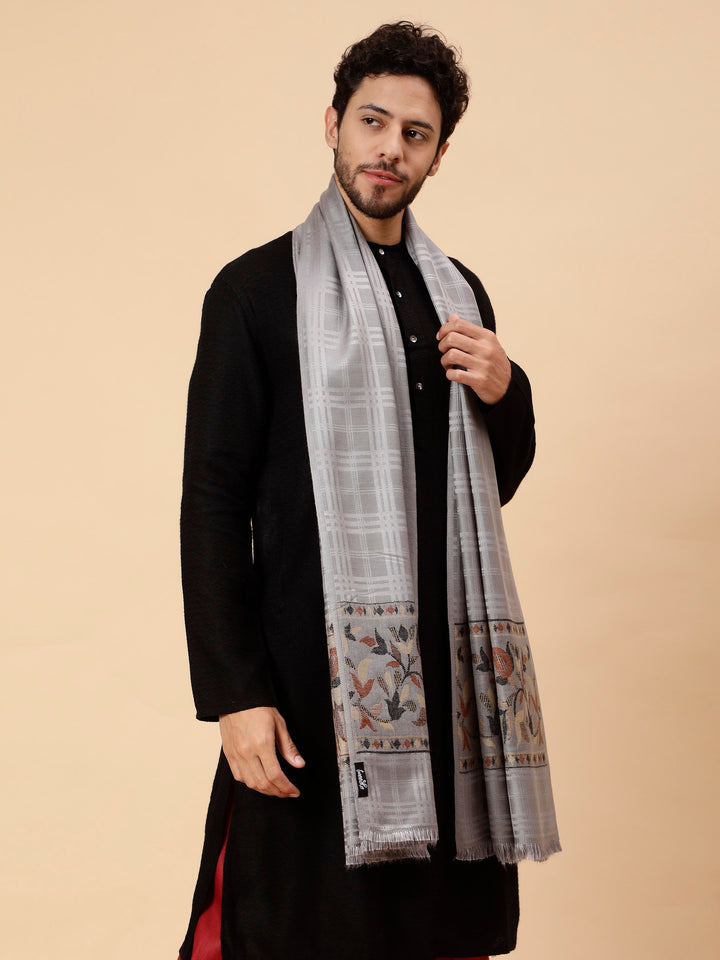 Tweedle Men’s Reversible Shawl / Stole, Wool Blend, Ethnic Kashmiri Design Scarf  – Grey