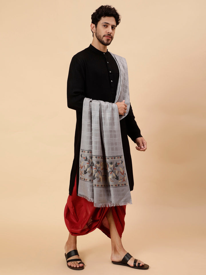 Tweedle Men’s Reversible Shawl / Stole, Wool Blend, Ethnic Kashmiri Design Scarf  – Grey