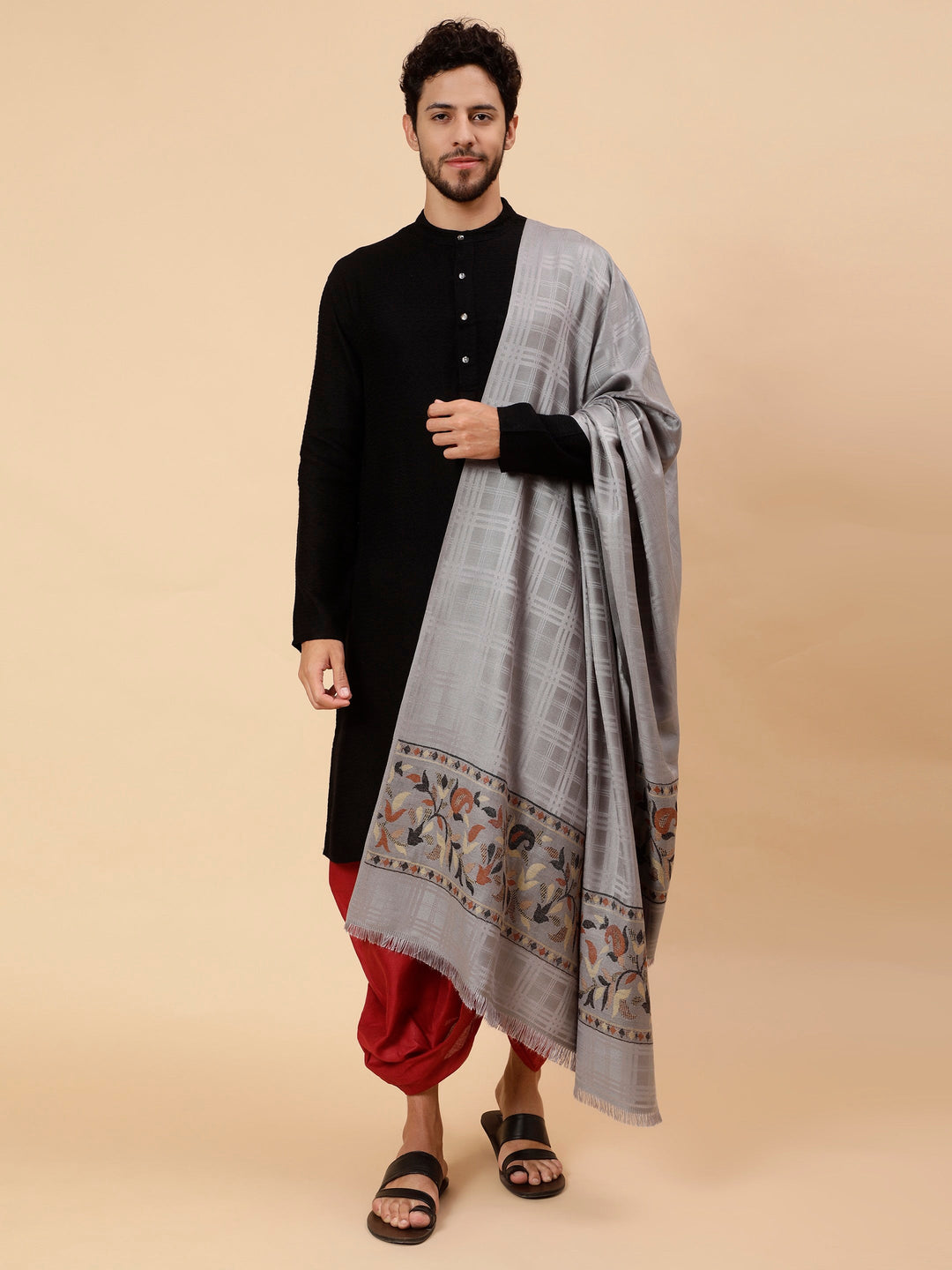 Tweedle Men’s Reversible Shawl / Stole, Wool Blend, Ethnic Kashmiri Design Scarf  – Grey