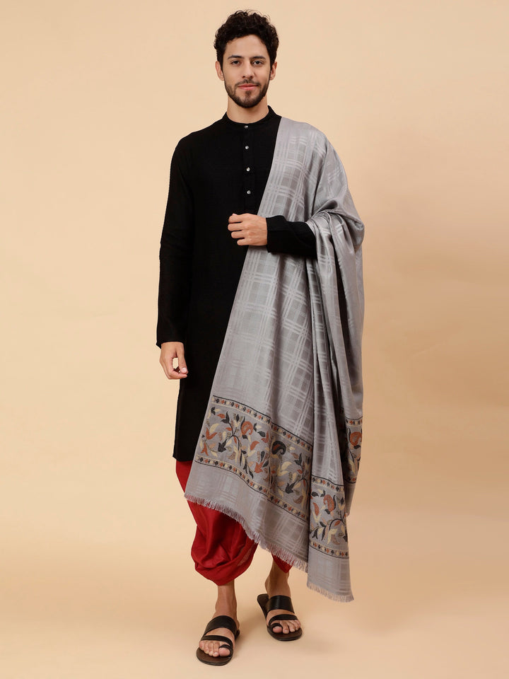 Tweedle Men’s Reversible Shawl / Stole, Wool Blend, Ethnic Kashmiri Design Scarf  – Grey