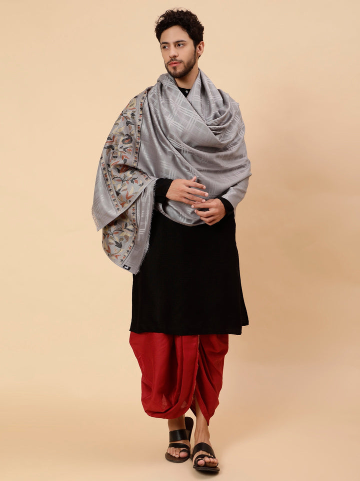Tweedle Men’s Reversible Shawl / Stole, Wool Blend, Ethnic Kashmiri Design Scarf  – Grey