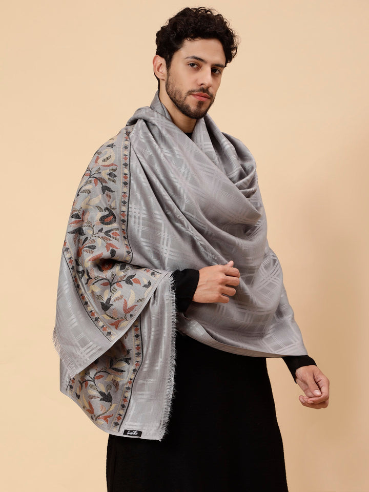 Tweedle Men’s Reversible Shawl / Stole, Wool Blend, Ethnic Kashmiri Design Scarf  – Grey